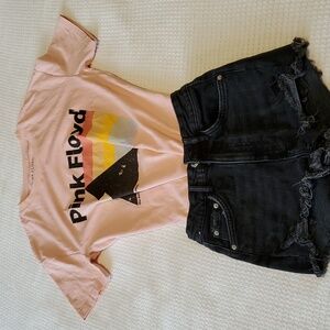 Pull&Bear Pink Floyd top XS & Zara blk denim shorts size 0 with raw hem like new